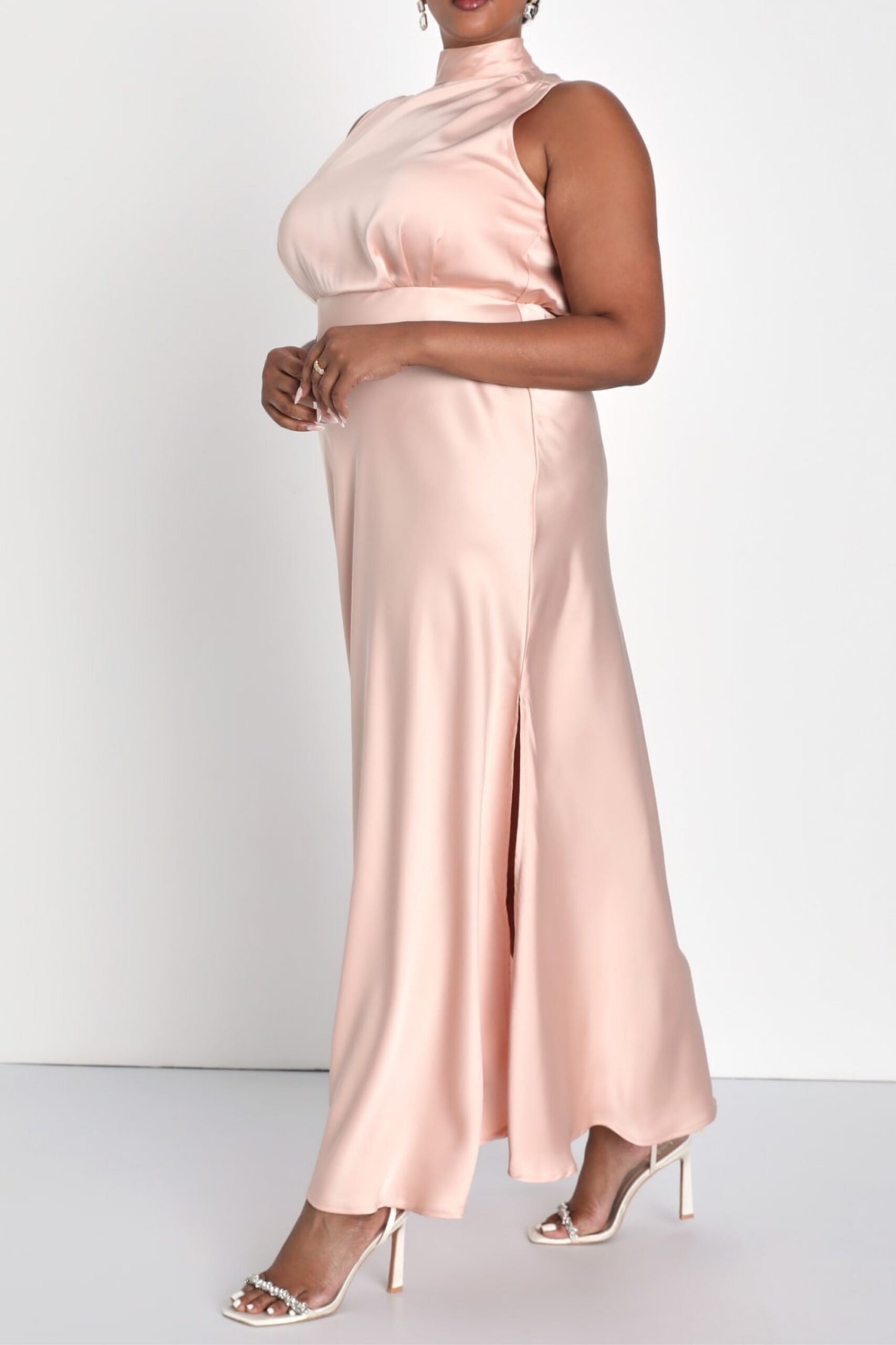 BLUSH SATIN MOCK NECK SLEEVELESS MAXI DRESS