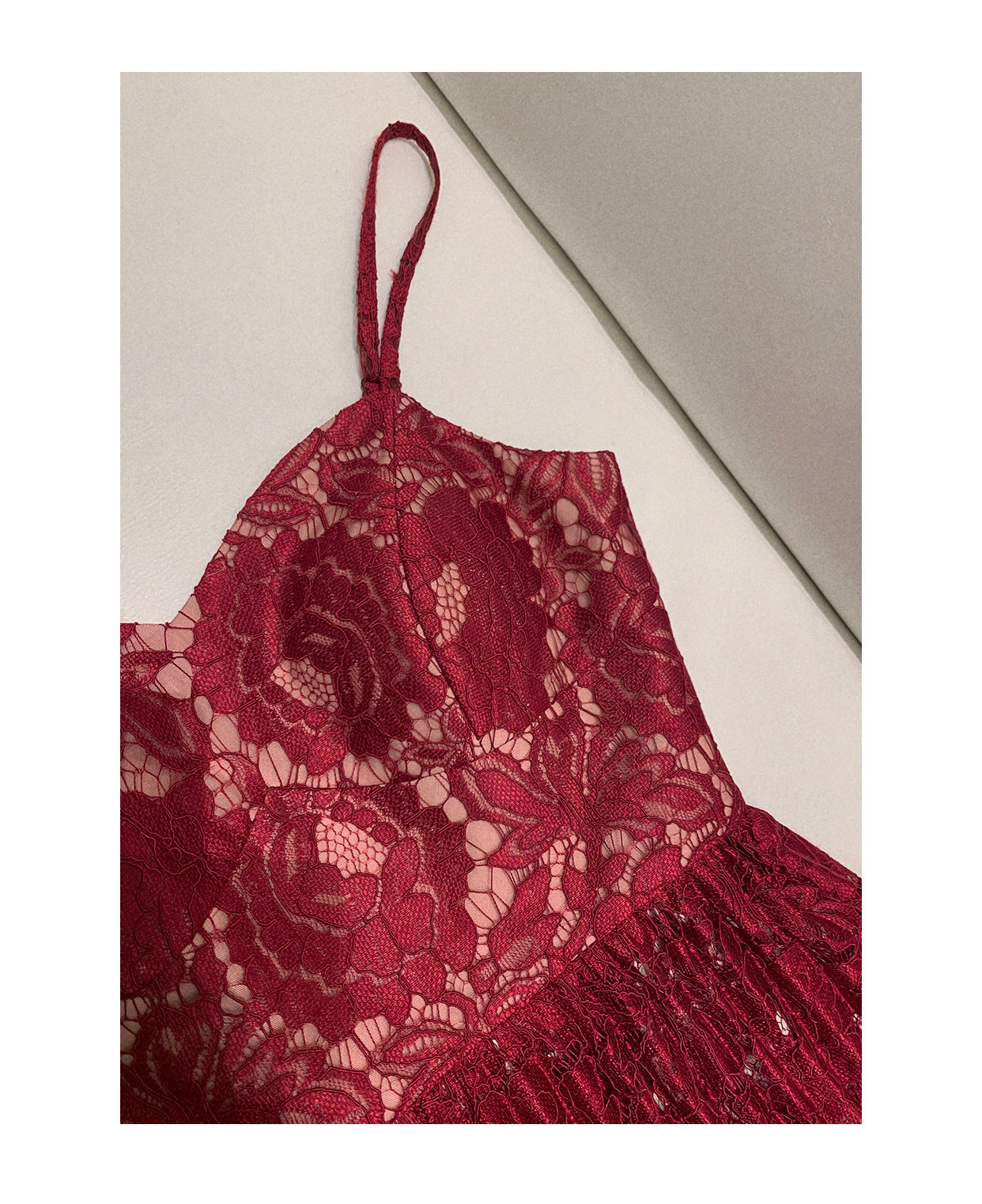 HOLLOW LACE SUSPENDER MIDI DRESS, RED, PARTY