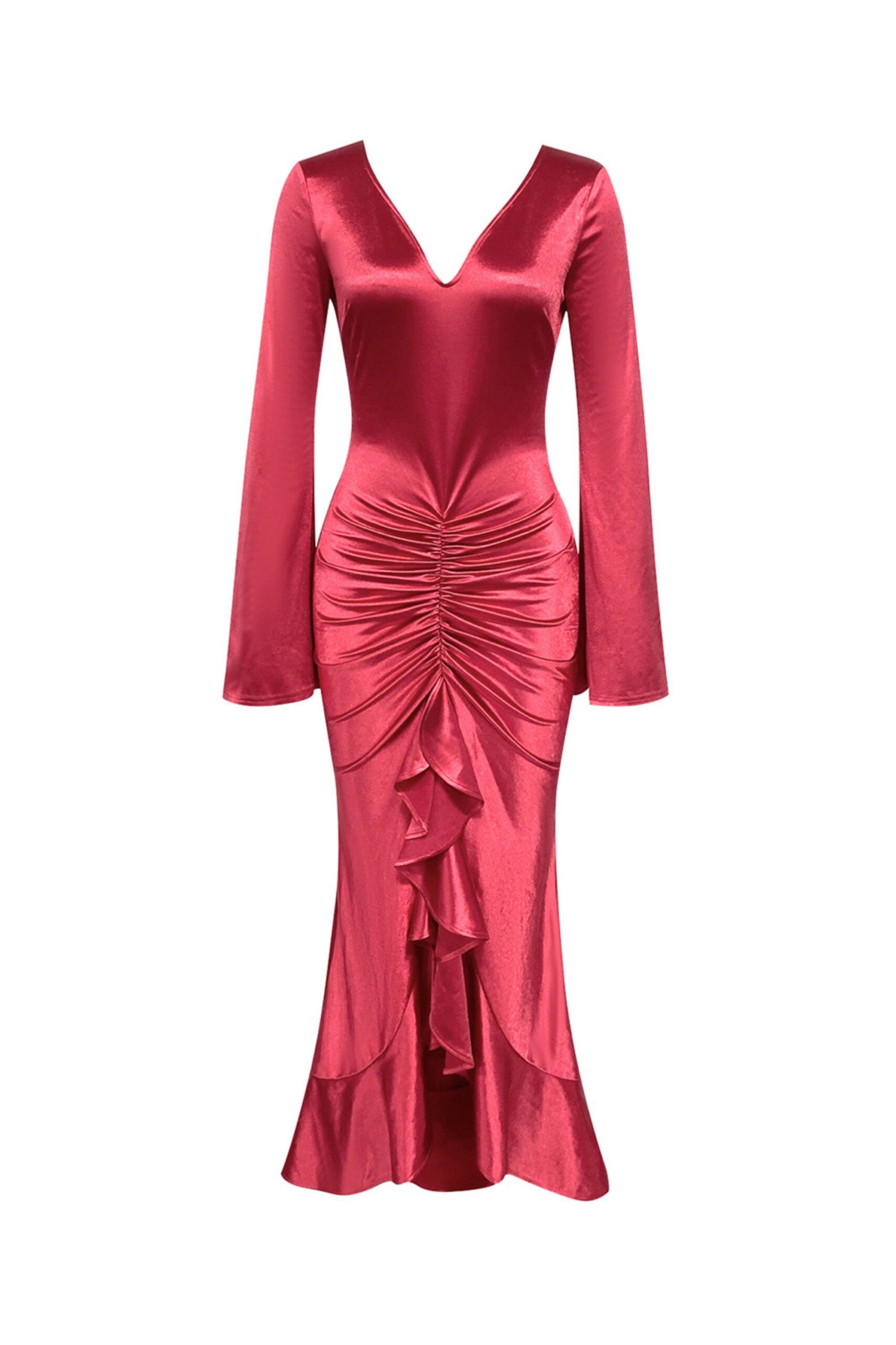 RED LEATHER RUFFLE MAXI DRESS, LONG SLEEVE