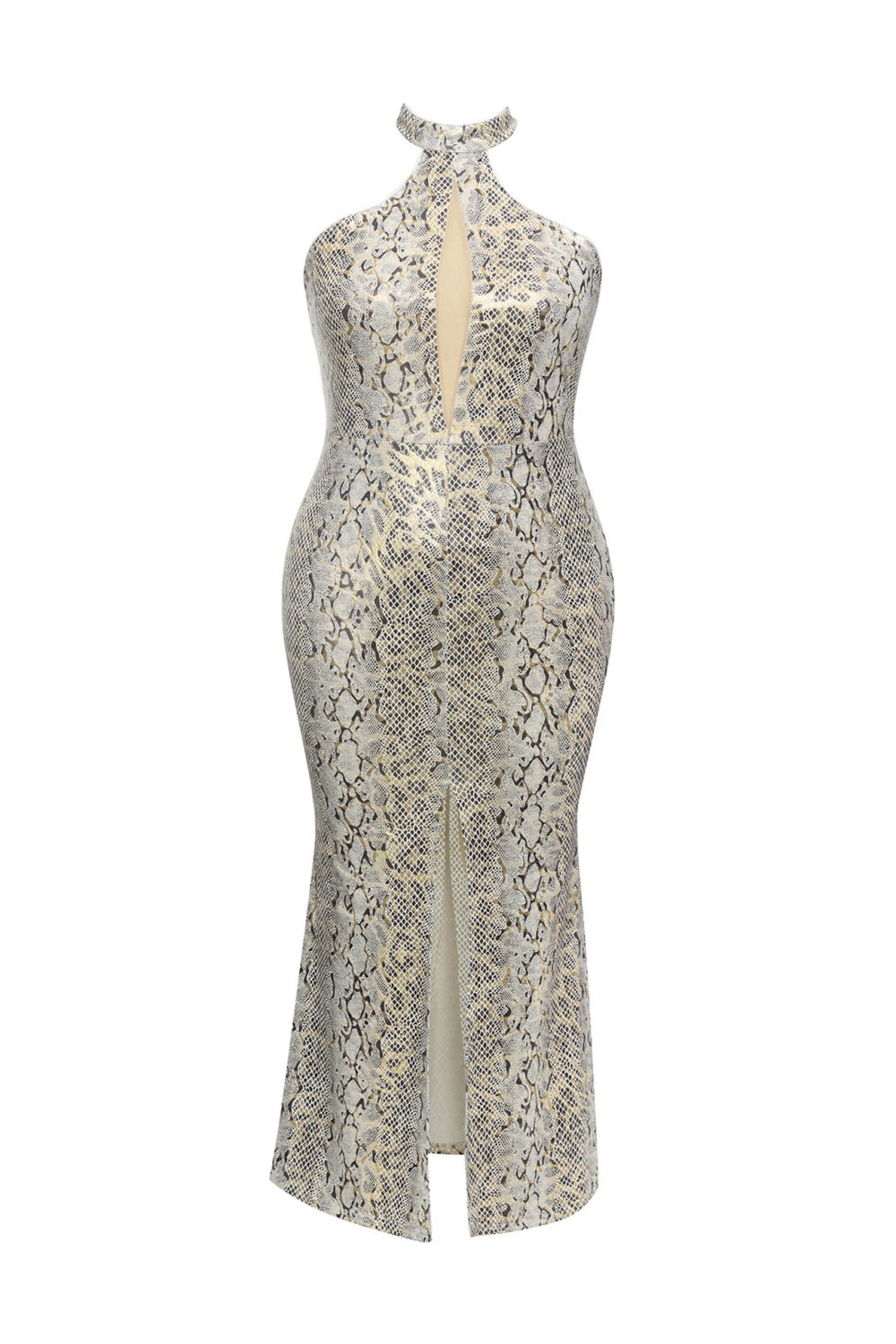 CUTOUT BANDAGE SNAKESKIN SPLIT MAXI DRESS