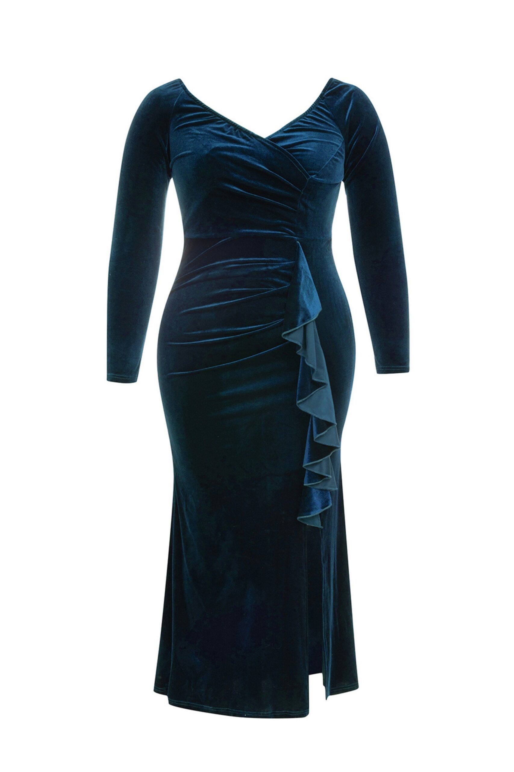 V-NECK VELVET SPLIT MAXI DRESS GREEN