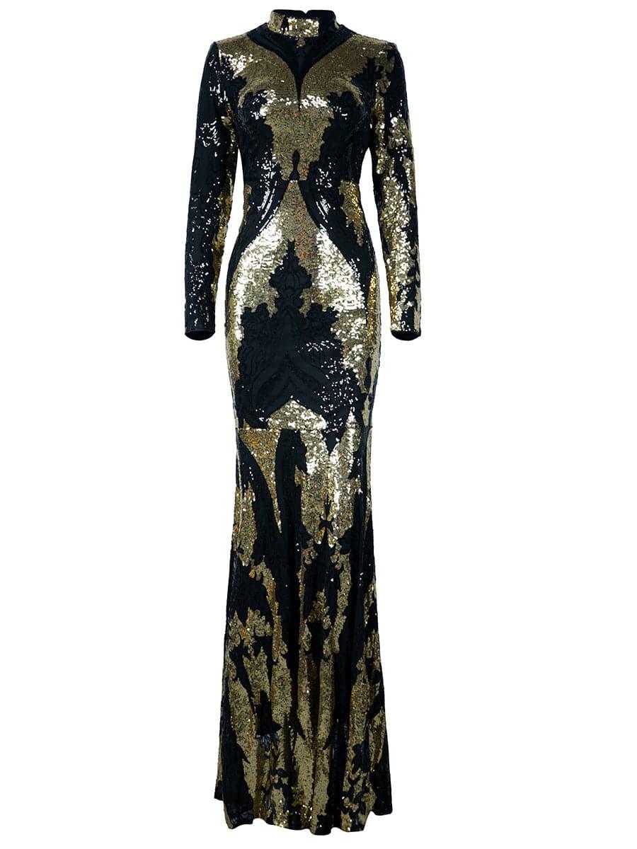 SEQUIN STAND COLLAR PROM DRESS