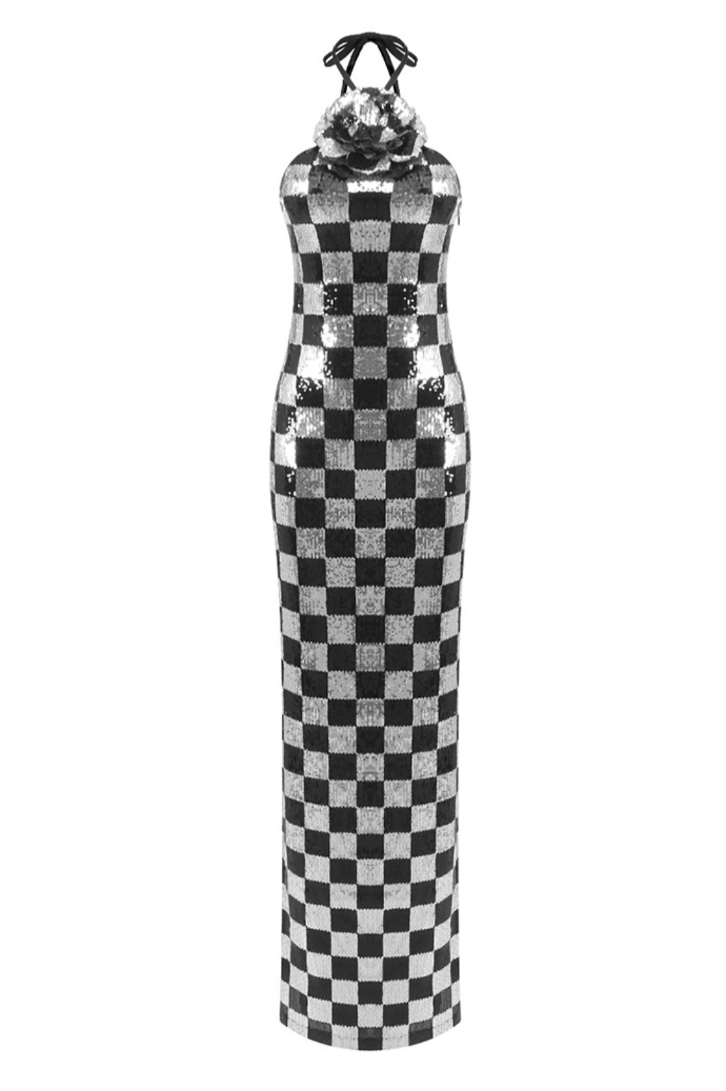 CHECKERBOARD SEQUIN HALTER FLOWER GOWN