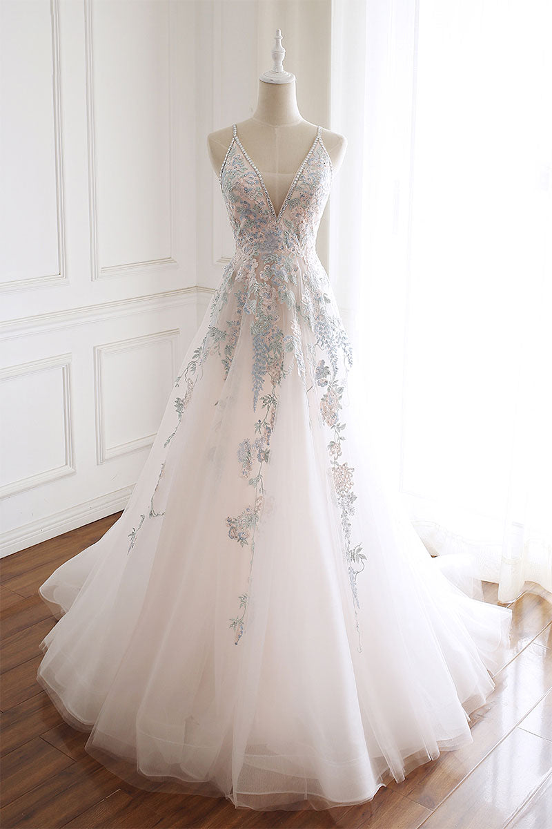 WHITE V-NECK TULLE LACE WEDDING DRESS