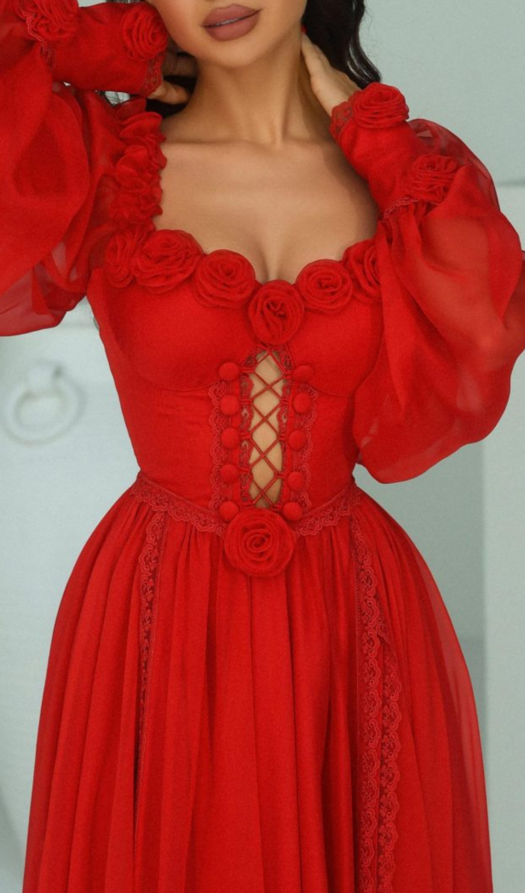 CHIFFON 3D FLOWER LONG SLEEVE MIDI DRESS RED