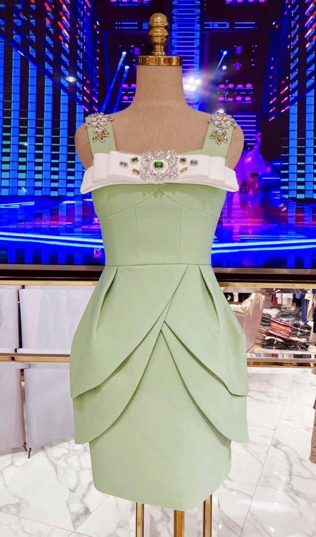 CRYSTAL STRAPPY MINT MINI DRESS FOR EVENING