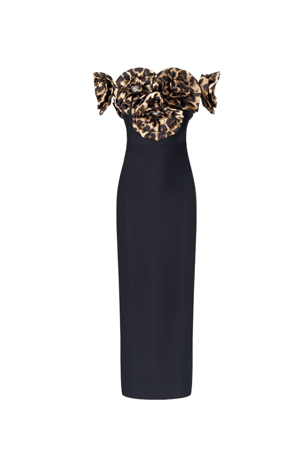 3D LEOPARD FLOWER BANDAGE MAXI DRESS, BLACK