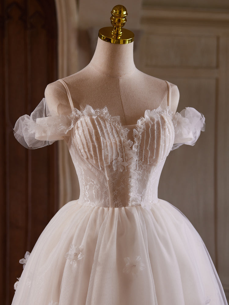 OFF SHOULDER TULLE LACE CHAMPAGNE PARTY DRESS