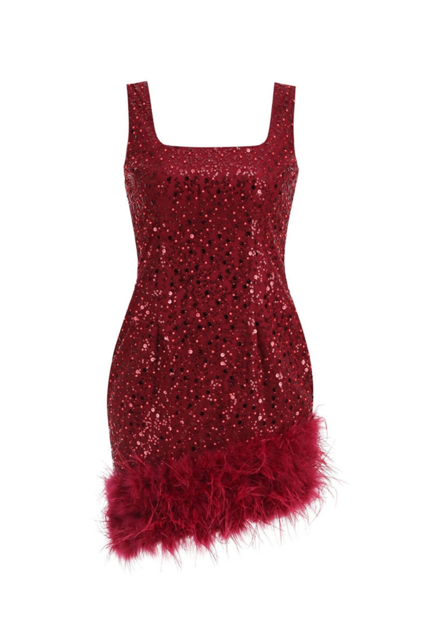 RED FEATHER SEQUIN DRESS FOR PARTY