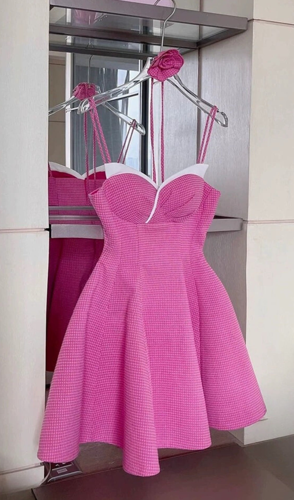 HOT PINK STRAP ROSE MINI DRESS FOR PARTY