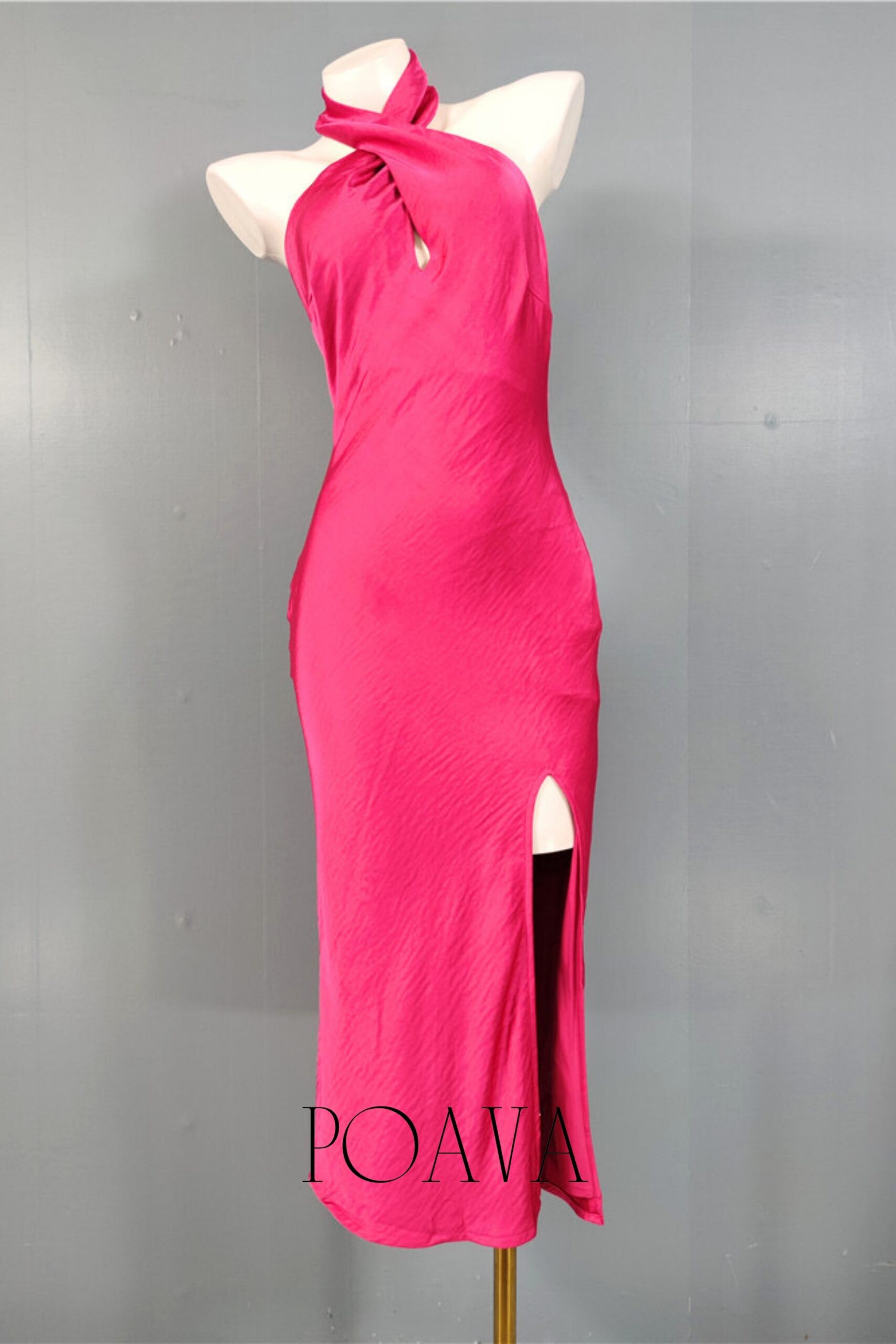 HOT PINK SATIN HALTER MIDI DRESS