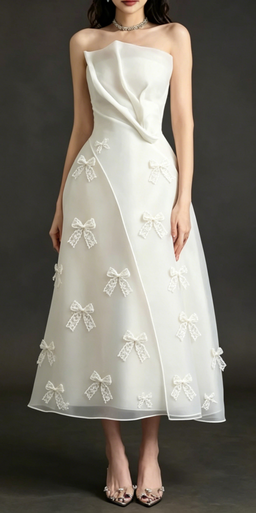 Draped Strapless Lace Bow Organza Mid Dress Draped Strapless Lace Bow Organza Mid Dress