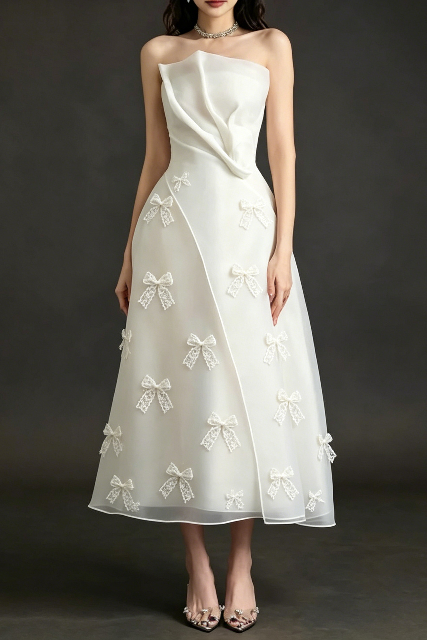 Draped Strapless Lace Bow Organza Mid Dress