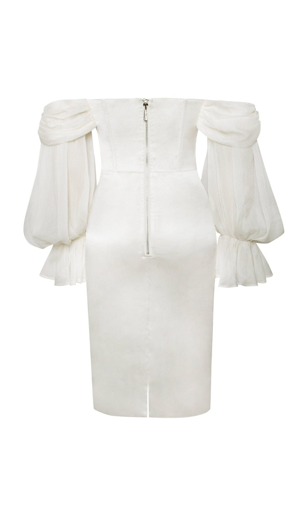 LYDIA PEARL OFF-SHOULDER PUFF SLEEVE SATIN DRESS