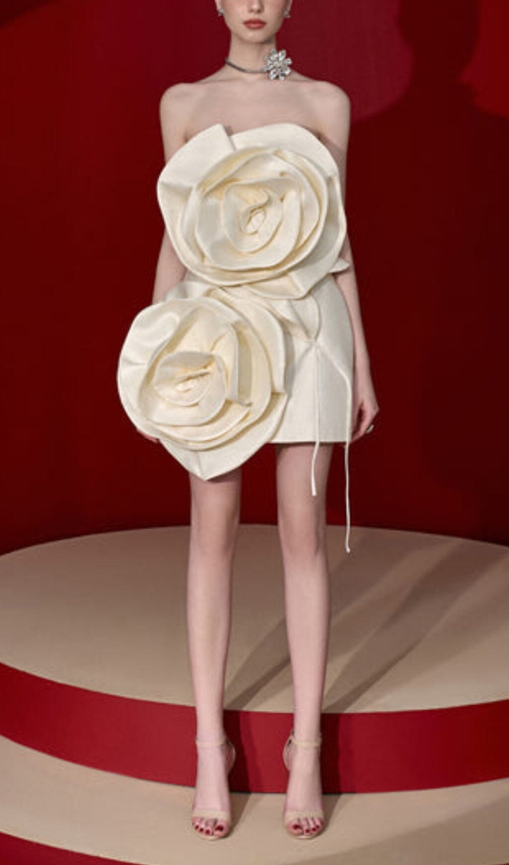 BEIGE STRAPLESS BIND MINI DRESS, FLORAL PARTY