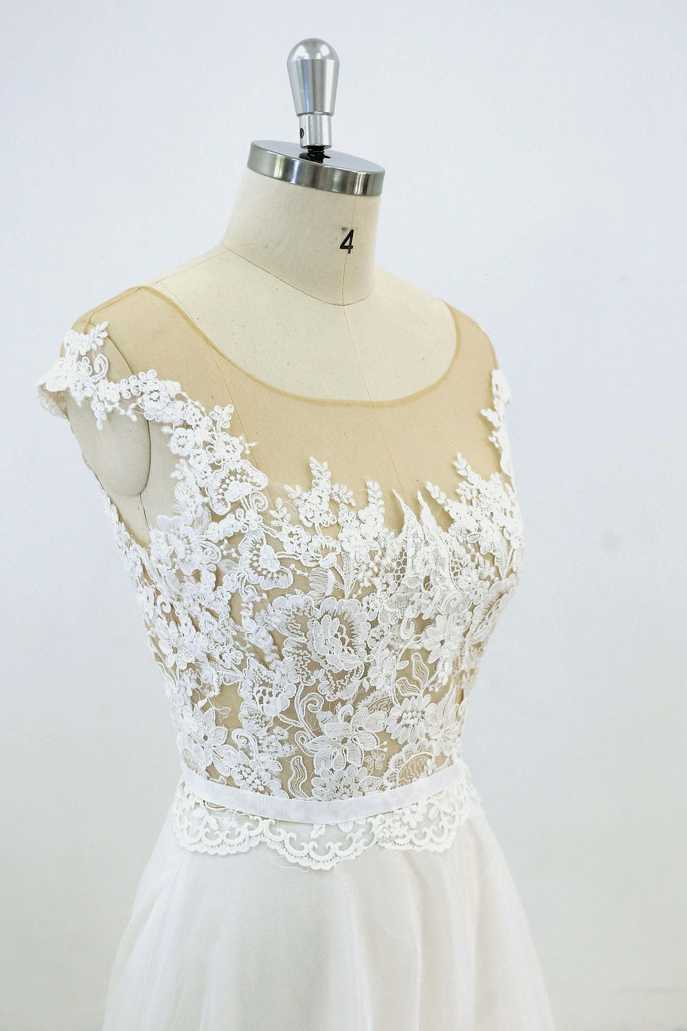 WHITE LACE TULLE PROM GOWN A-LINE