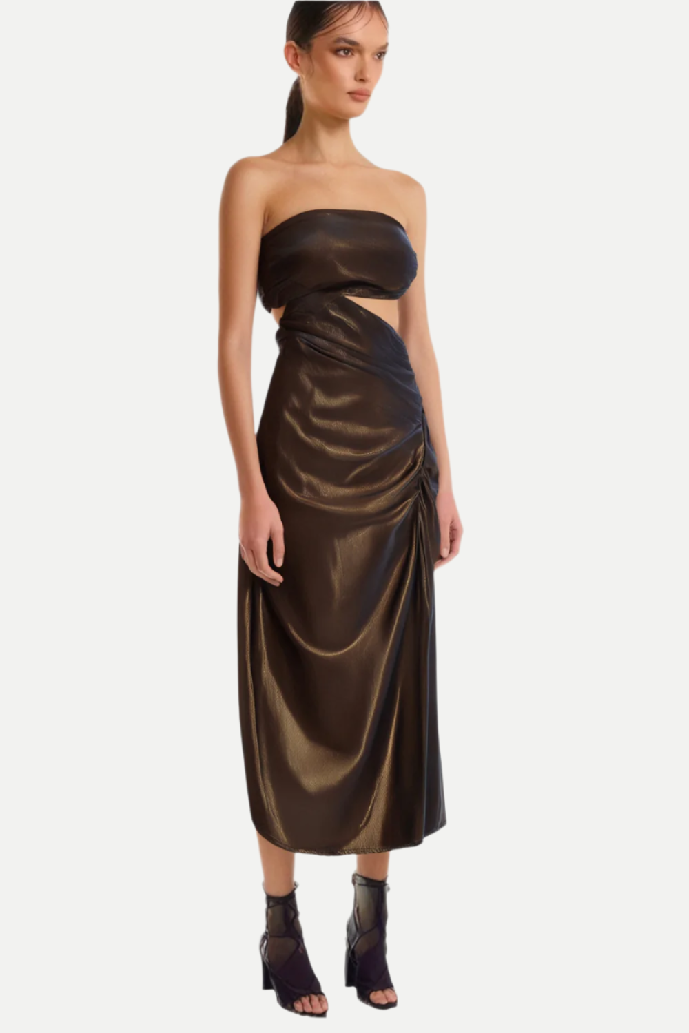STRAPLESS LEATHER MIDI DRESS WITH CUTOUT FOR PARTY