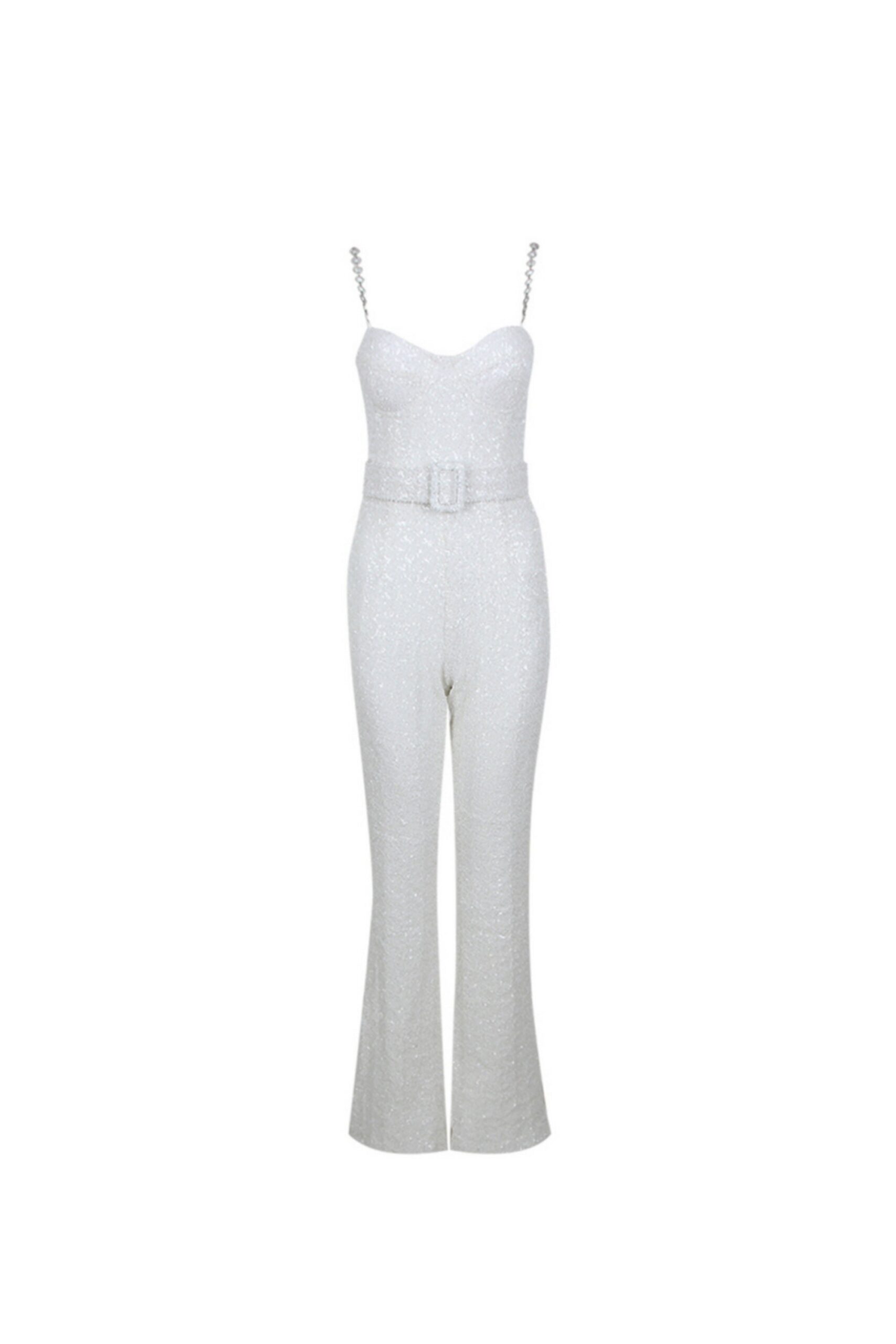 JACQUARD DIAMANTE STRAP FLARED JUMPSUIT WITH BELT