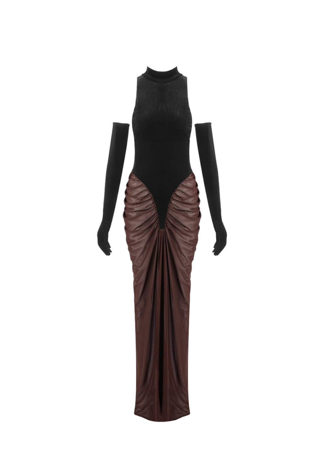 VELVET MESH PATCHWORK MAXI BLACK COCKTAIL DRESS