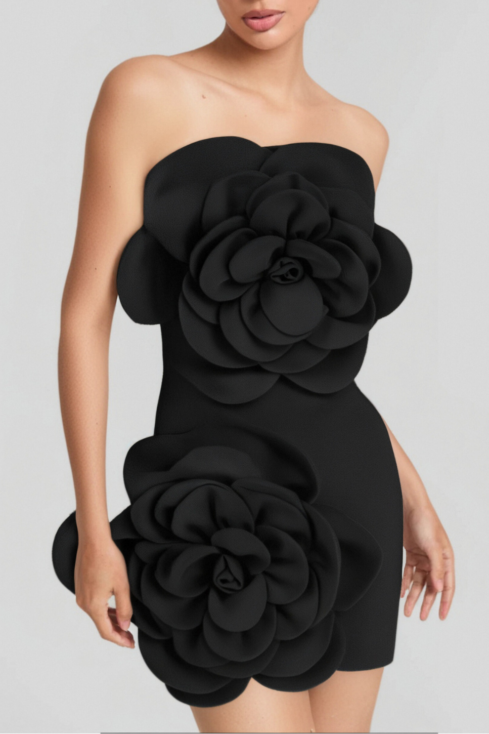 STRAPLESS BLACK FLOWER MINI DRESS FOR PARTY