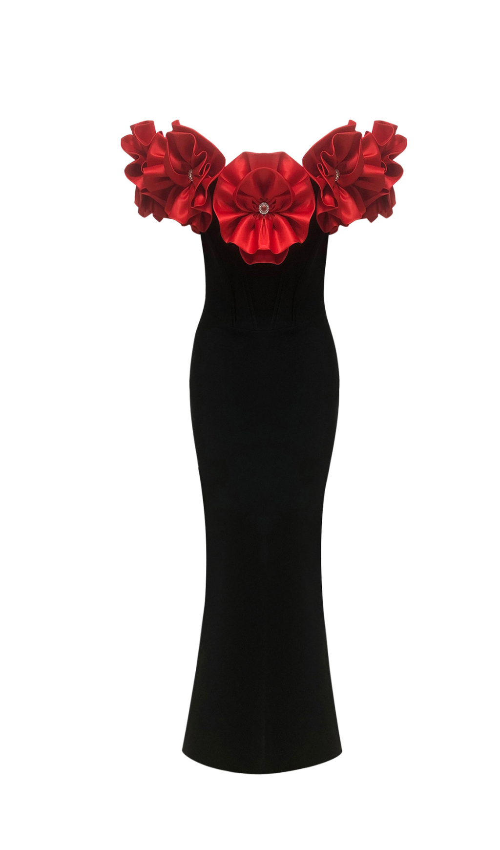RED STRAPLESS BANDAGE MAXI DRESS WITH FLOWER EMBELLISHMENT