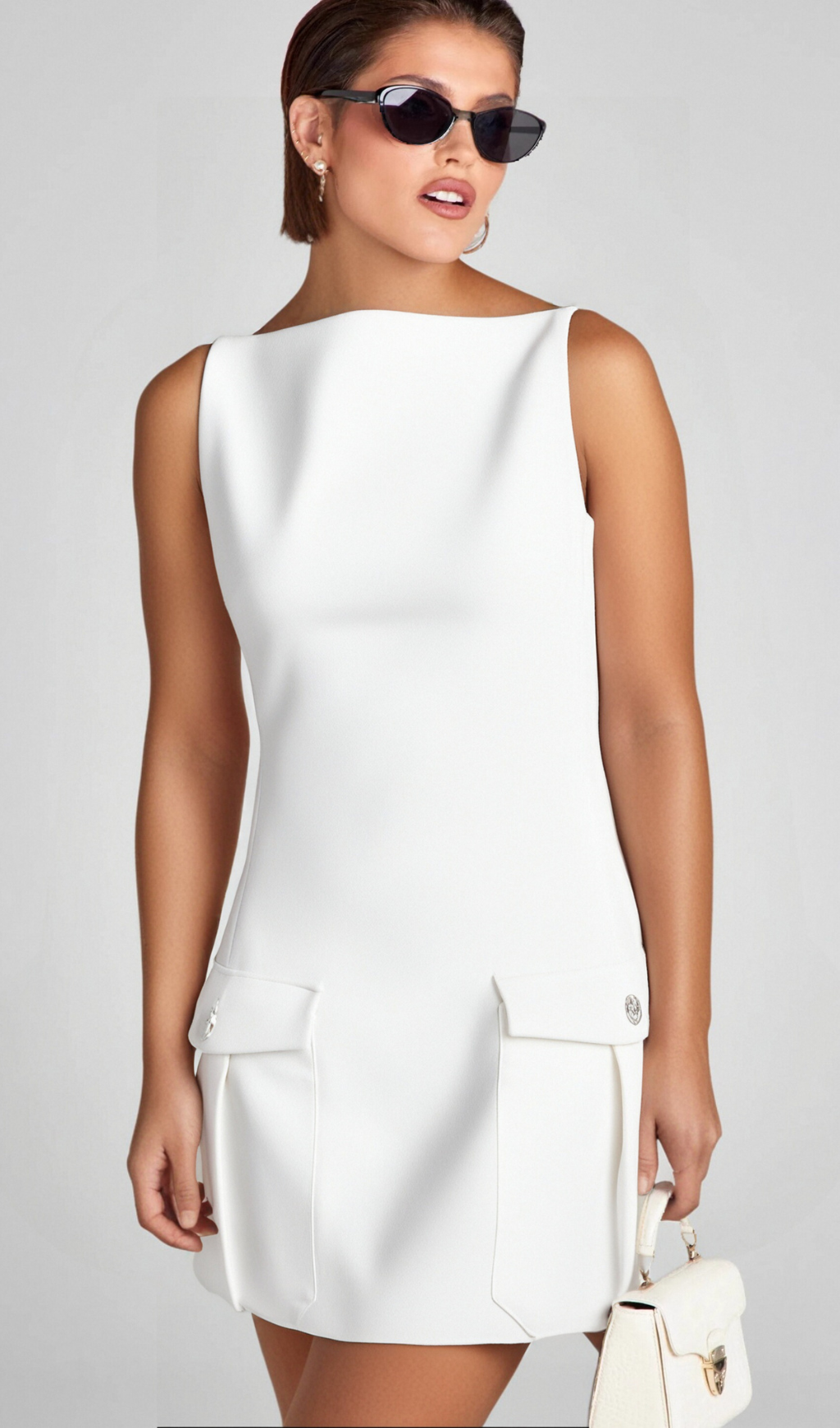 STRETCH CREPE STRAPLESS WHITE MINI DRESS