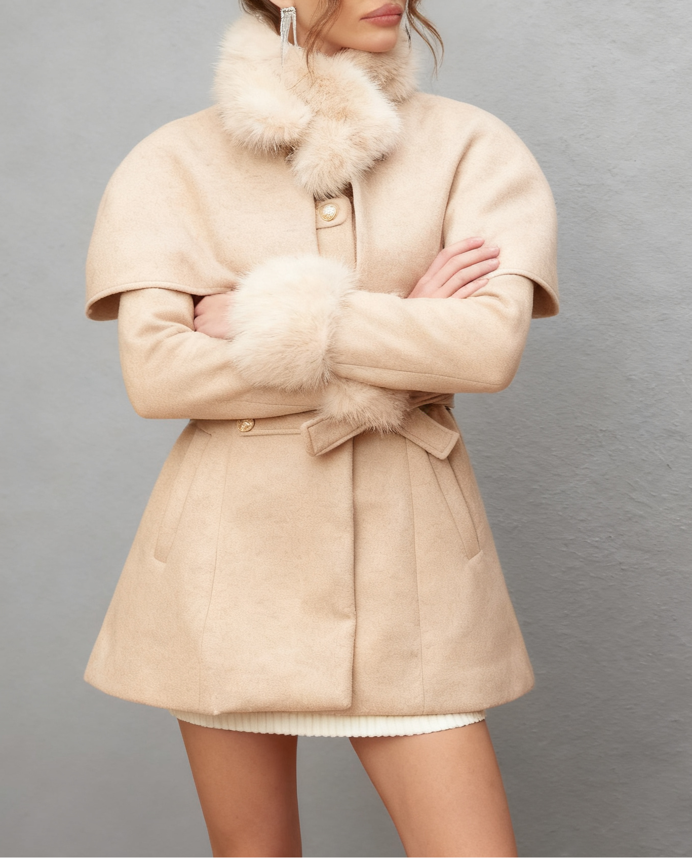ROSELLA DETACHABLE CAPE FAUX FUR COAT