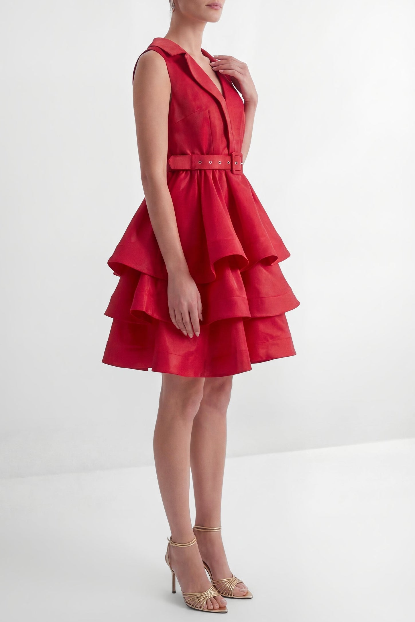 JESSICA RED V-NECK RUFFLE MINI DRESS