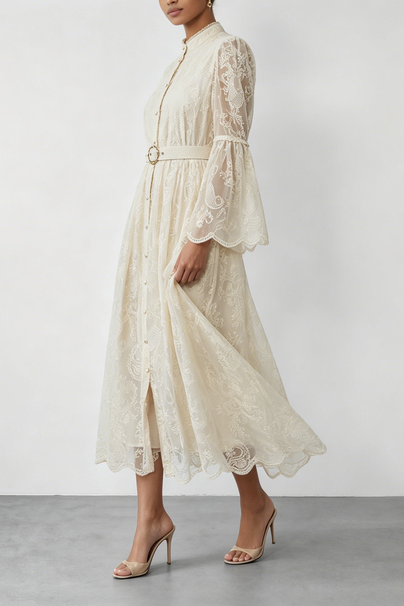CREAM LACE STAND COLLAR BELL SLEEVE BELTED MIDI SHIRT DRESS