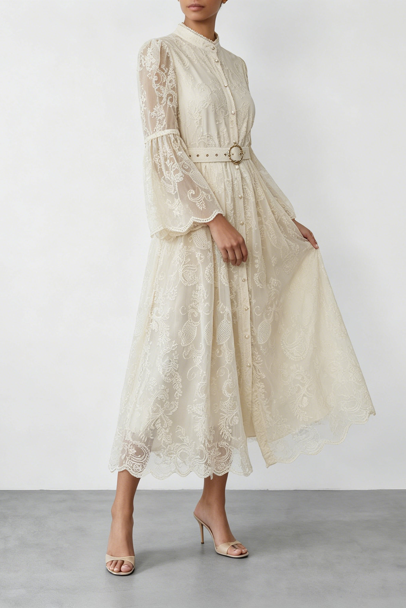 CREAM LACE STAND COLLAR BELL SLEEVE BELTED MIDI SHIRT DRESS
