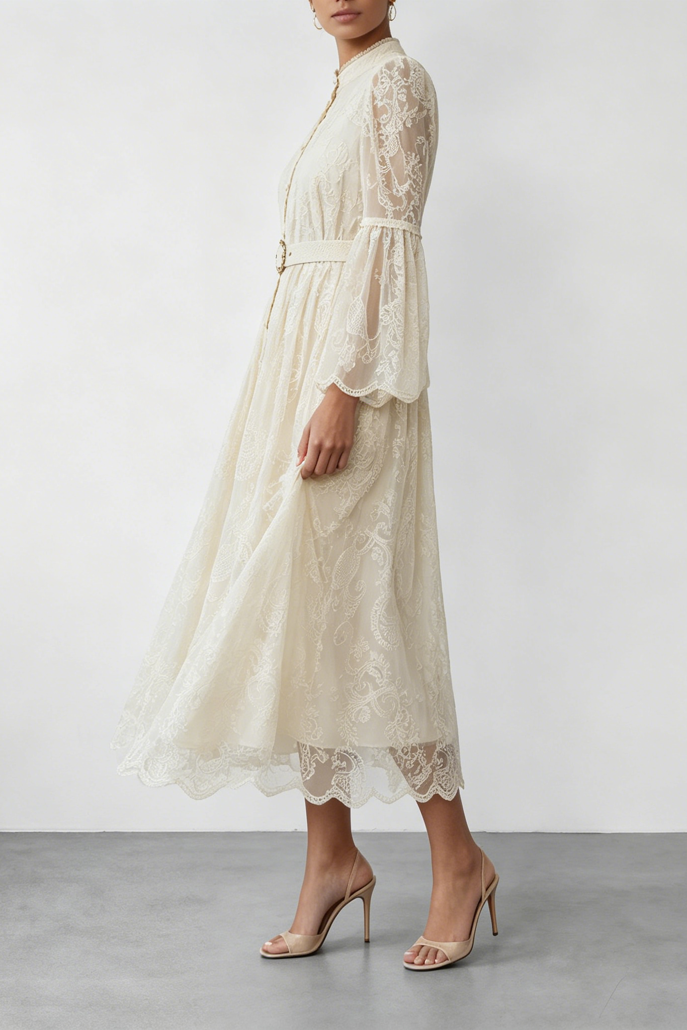 CREAM LACE STAND COLLAR BELL SLEEVE BELTED MIDI SHIRT DRESS