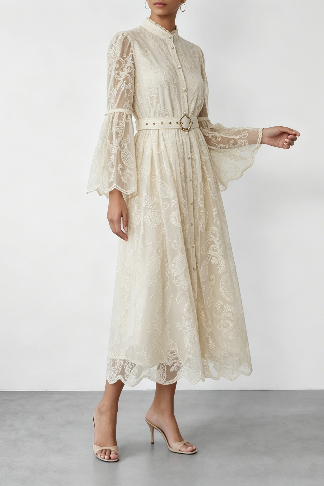 CREAM LACE STAND COLLAR BELL SLEEVE BELTED MIDI SHIRT DRESS