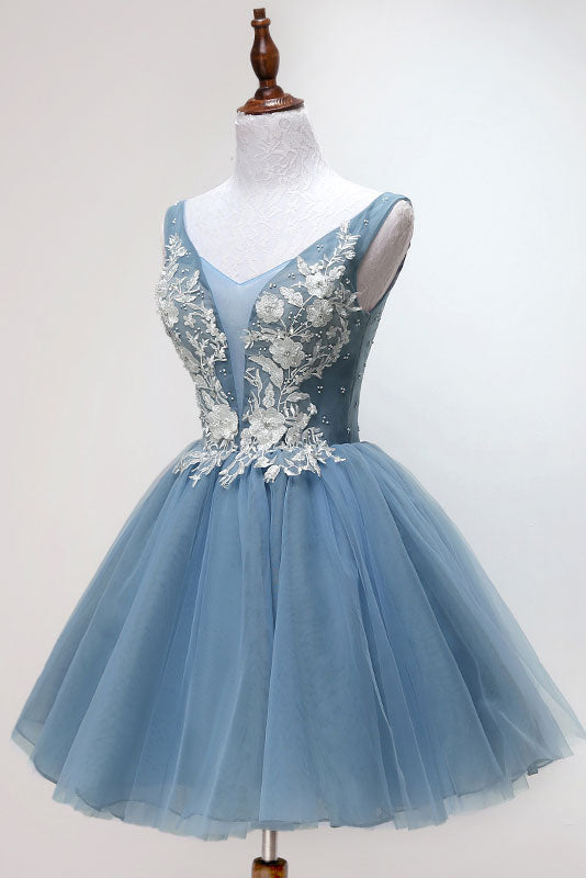 BLUE TULLE LACE MINI PROM DRESS