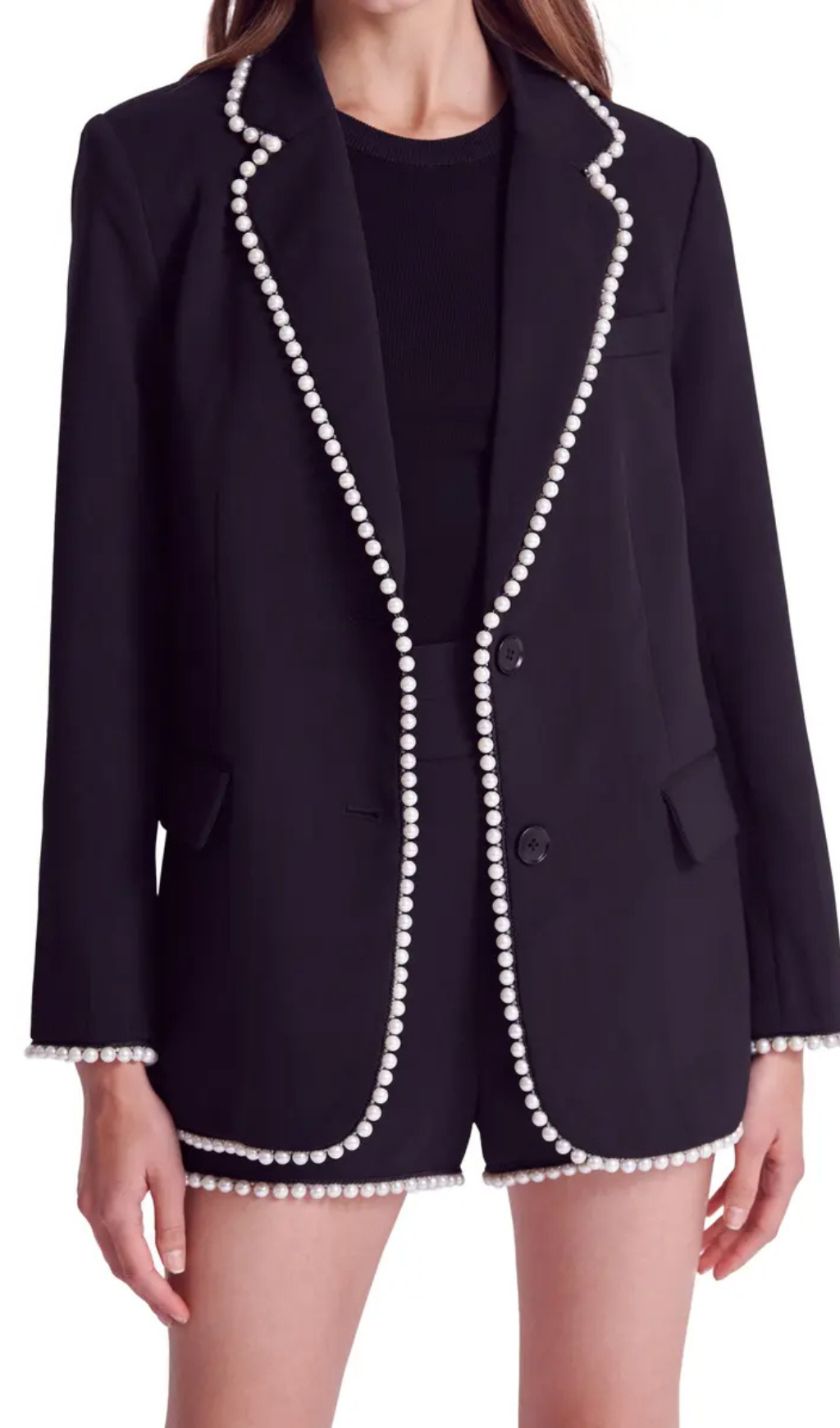 IMITATION PEARL TRIM BLAZER, BLACK, EVENING CHIC
