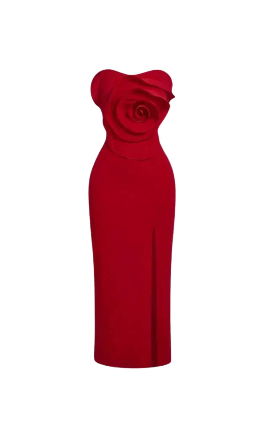 MICHELLE 3D FLOWER STRAPLESS RED MIDI DRESS