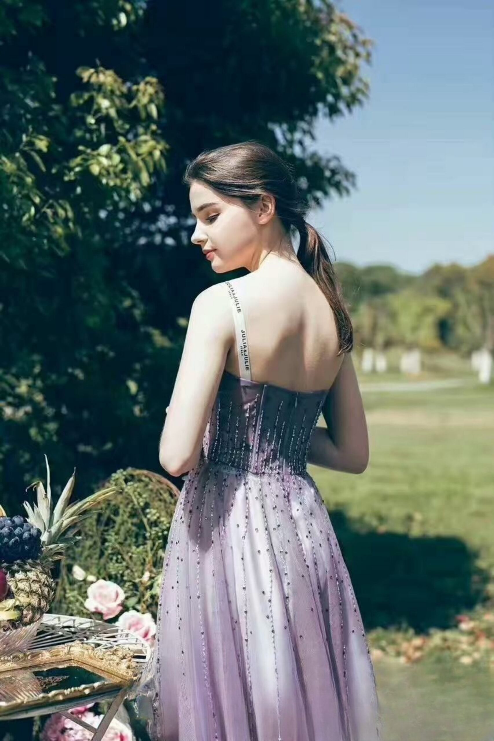 CRYSTAL EMBELLISHED TULLE CORSET MAXI DRESS FOR FORMAL