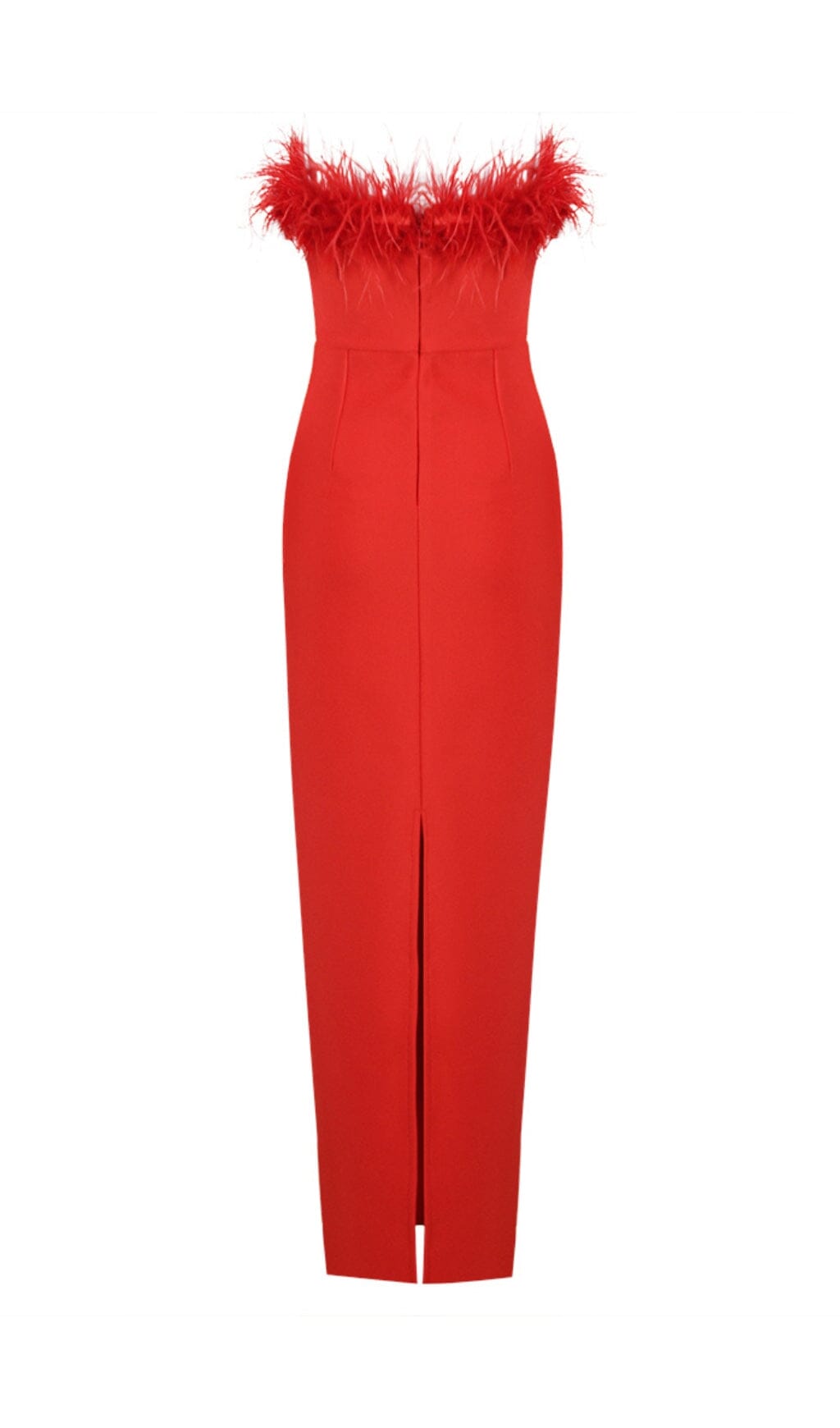 RED STRAPLESS FEATHER GOWN FOR FORMAL OCCASIONS