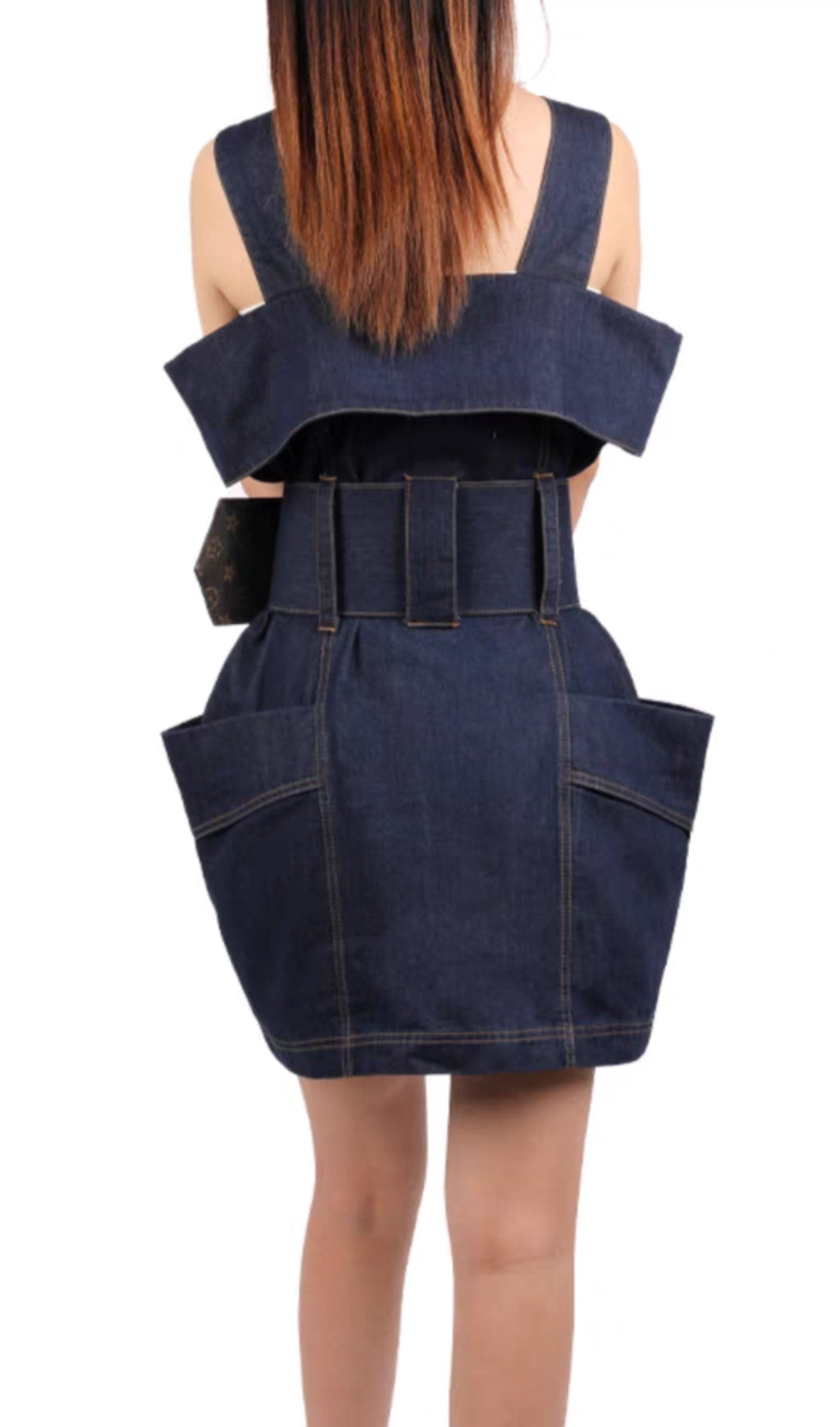RUFFLED DENIM SUSPENDER DRESS, BLUE, CASUAL