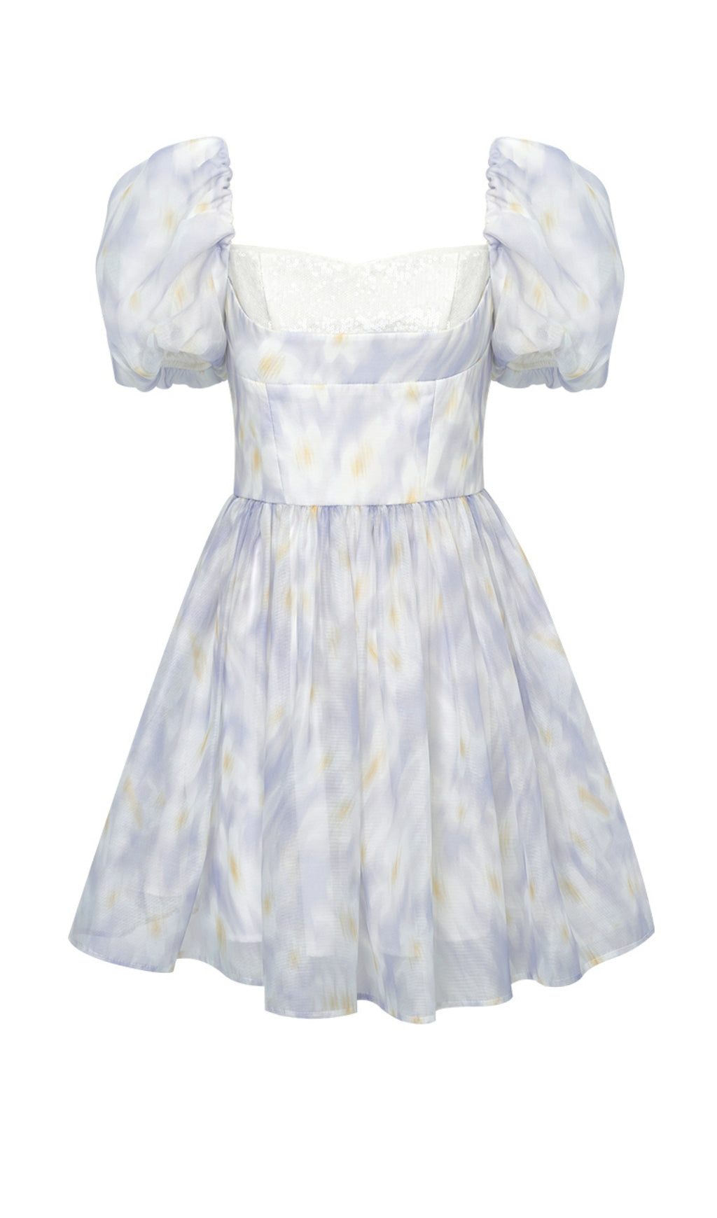 PUFF SLEEVE FLORAL MINI DRESS IN GRAYISH-BLUE