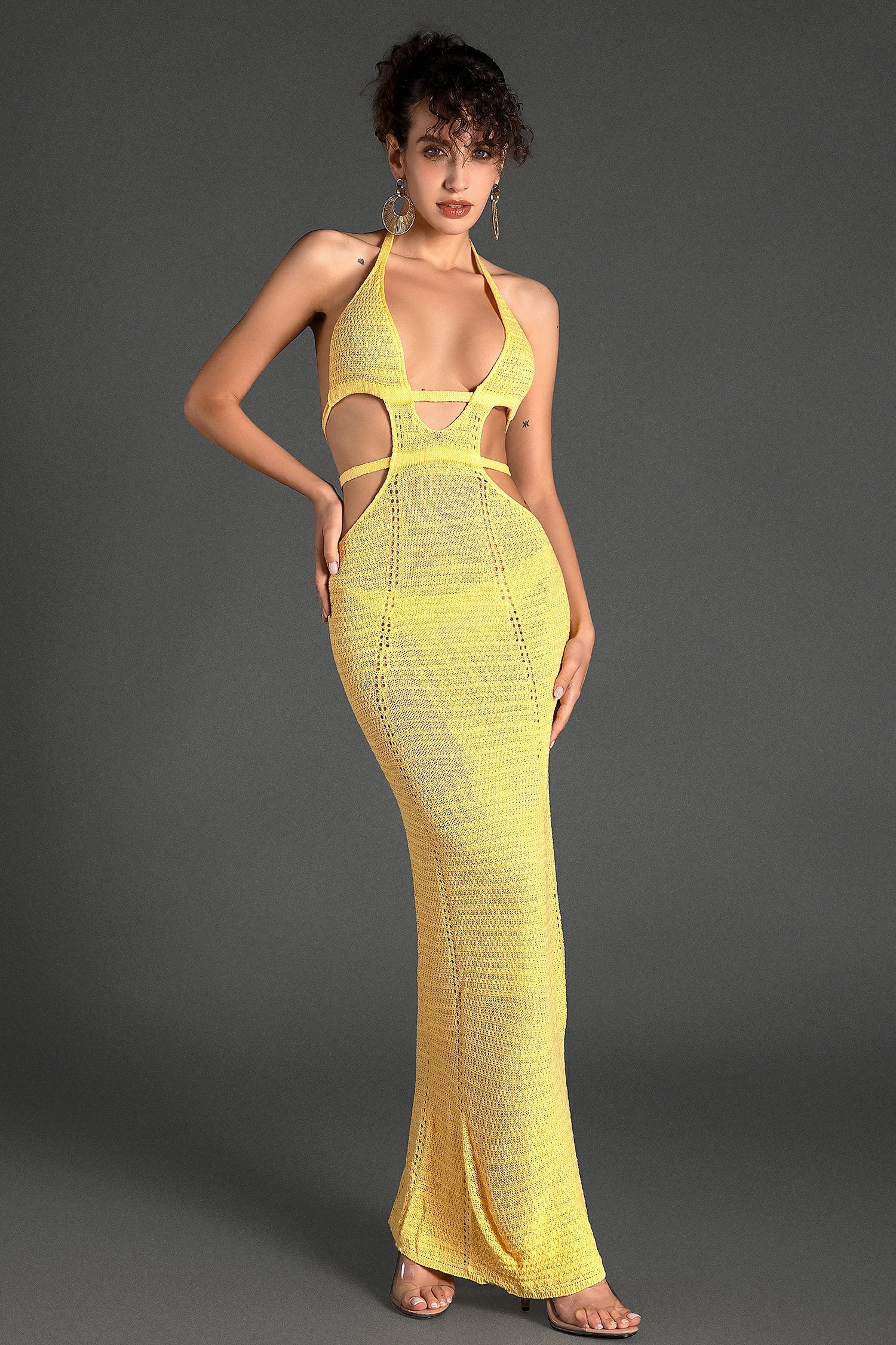 BIRIDI HALTER SHEER KNIT YELLOW DRESS