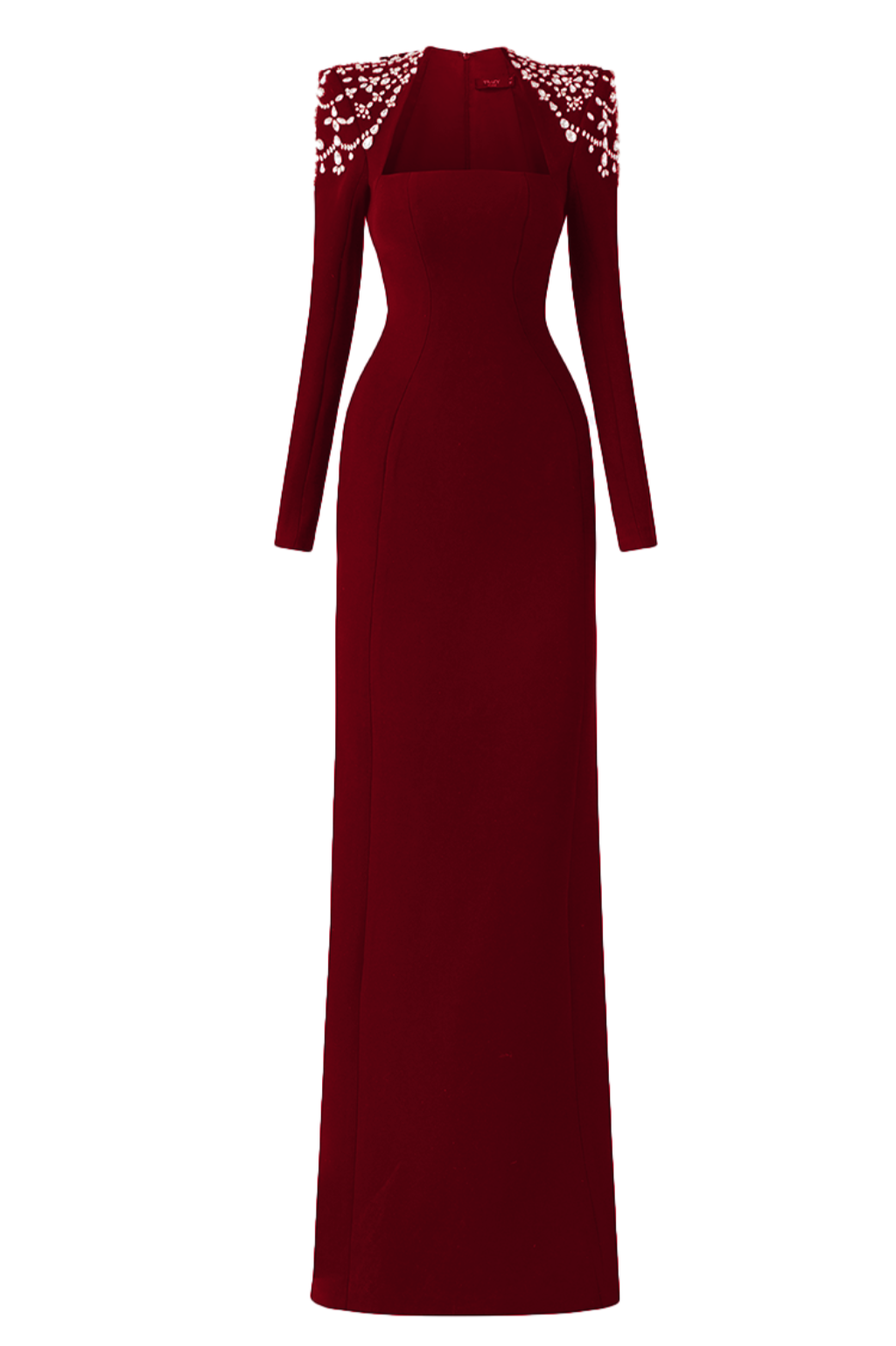 LONG SLEEVE TRAPEZOID NECKLINE BODYCON MAXI RED DRESS