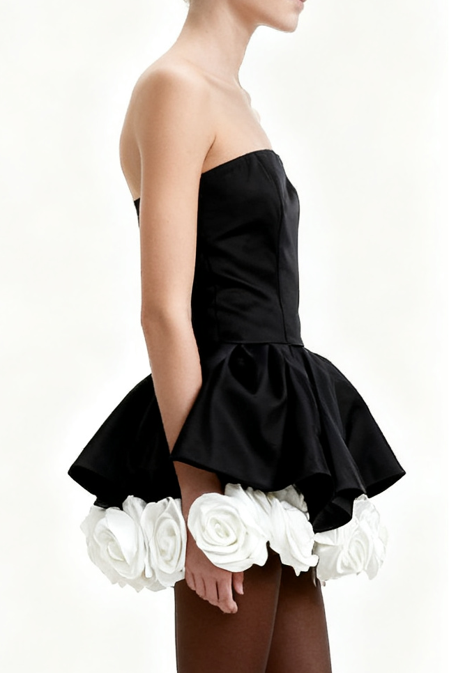 BLACK PETAL-LAYER STRAPLESS CORSET MINI DRESS