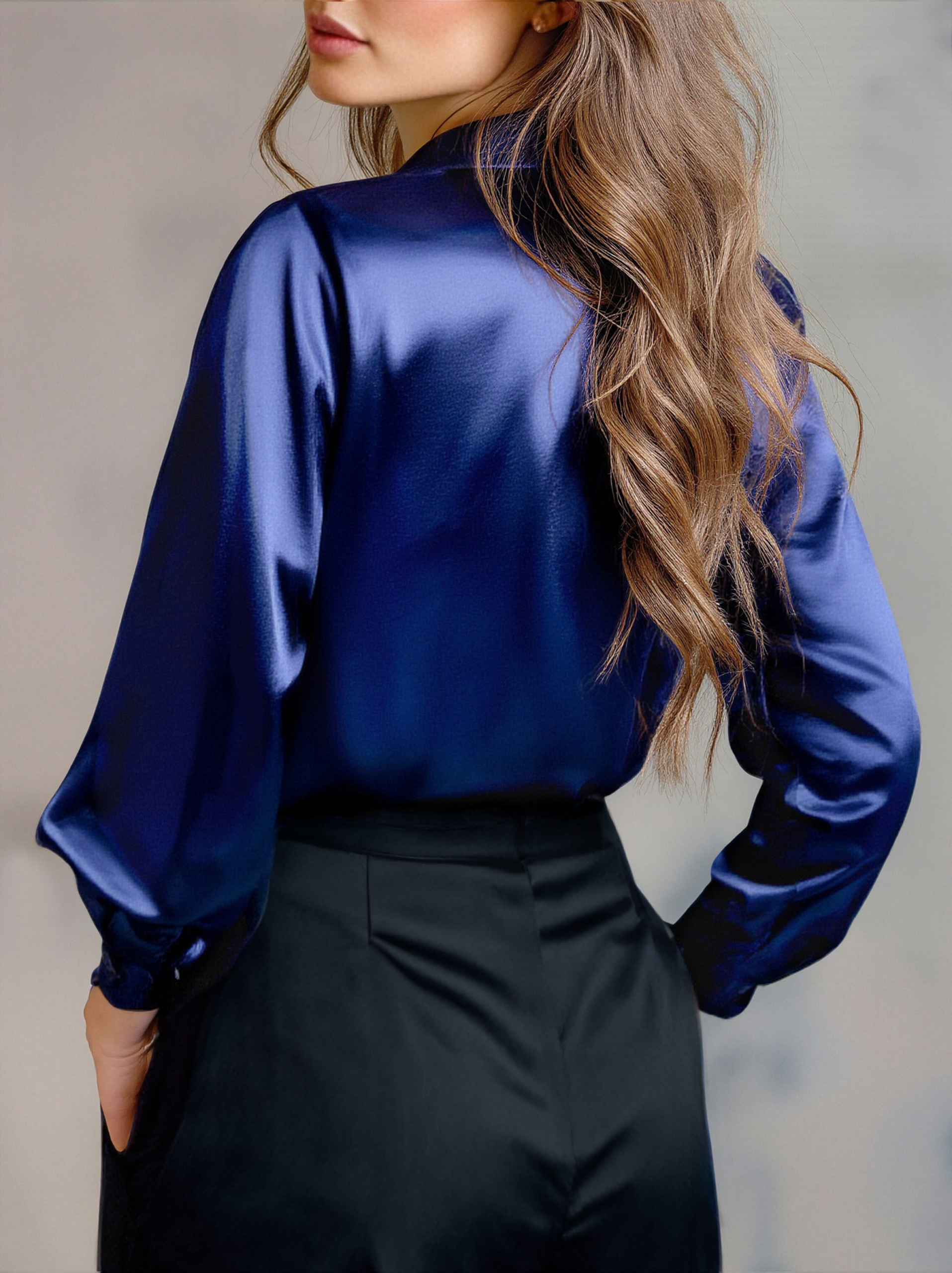 ELEGANT BLACK SATIN LONG SLEEVE BLOUSE