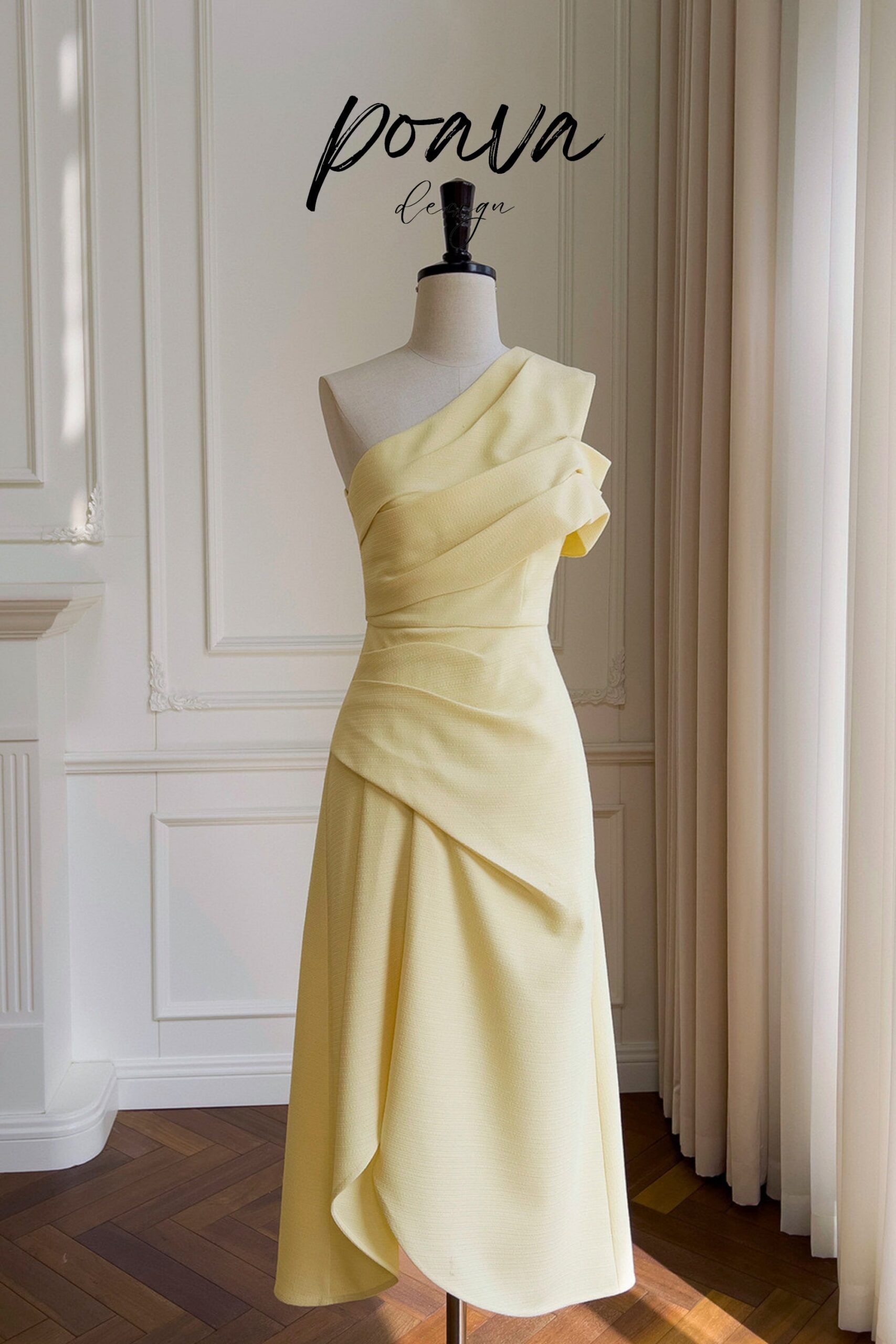 SILVIE ASYMMETRIC ONE SHOULDER YELLOW TWEED MIDI DRESS