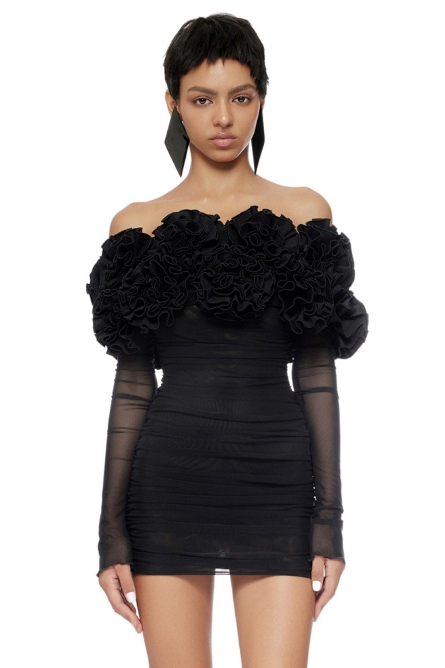 FLORAL OFF-SHOULDER MINI BLACK DRESS FOR PARTY