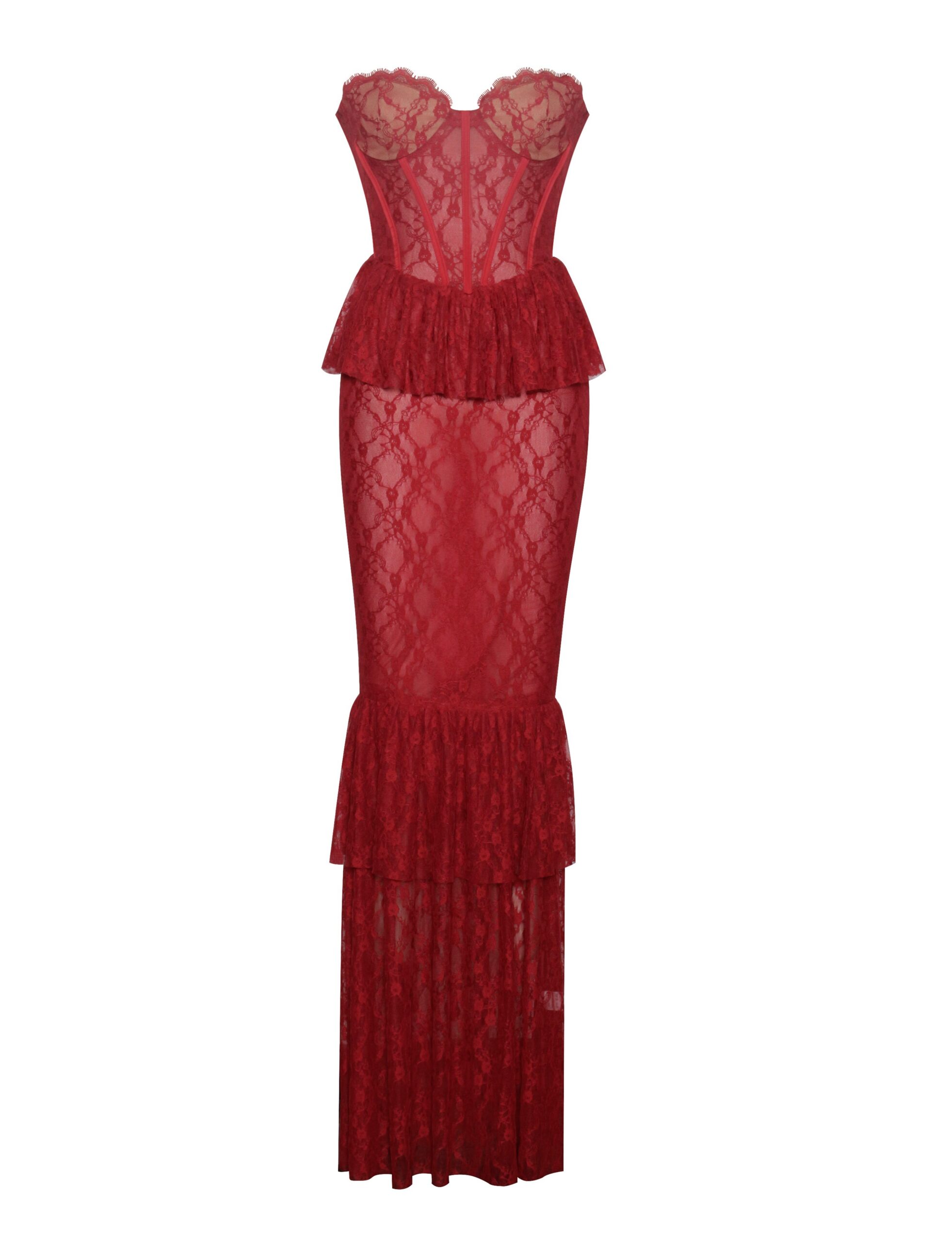 ZEN BURGUNDY LACE CORSET MAXI DRESS