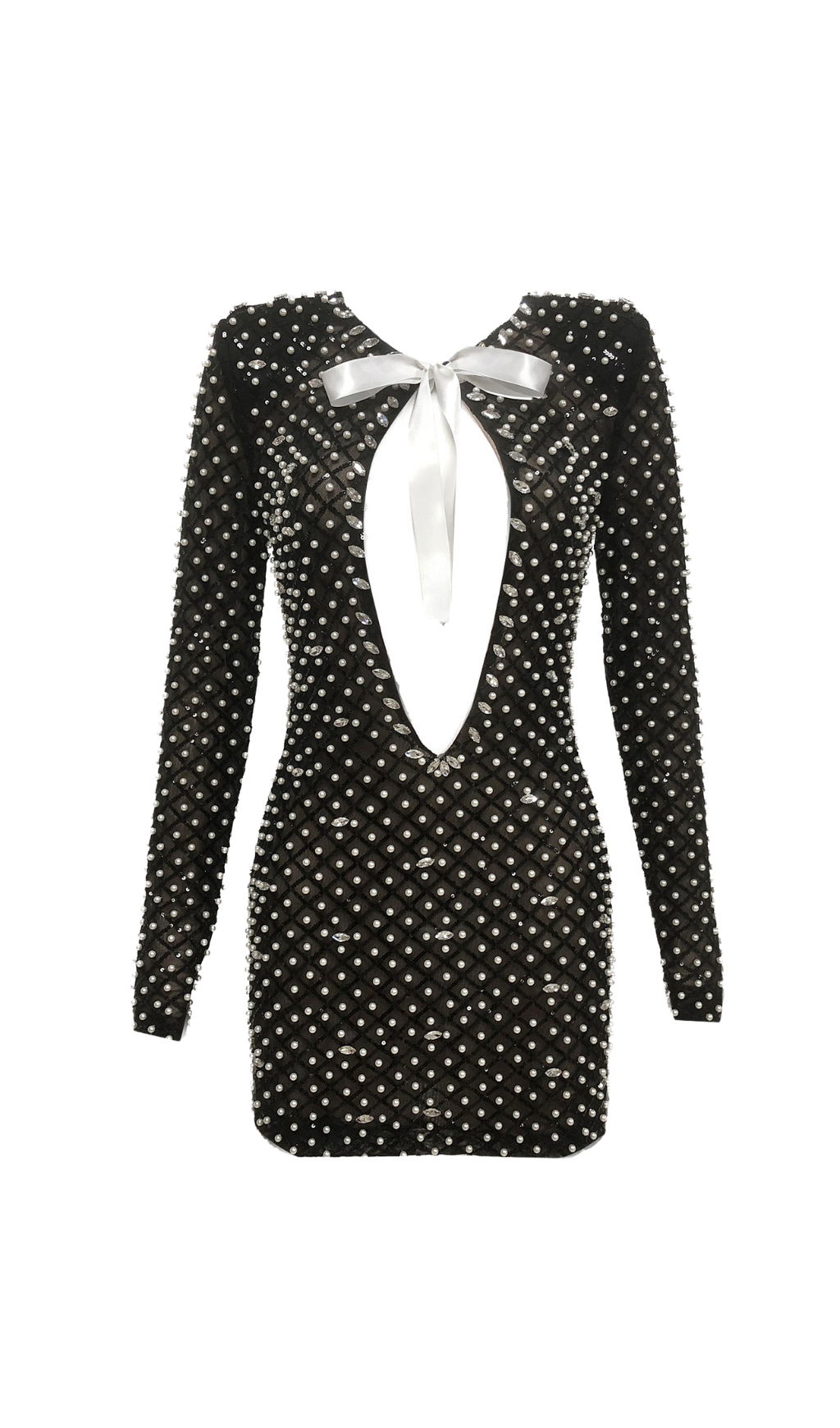PEARL BOW CUTOUT MINI DRESS, BLACK COCKTAIL