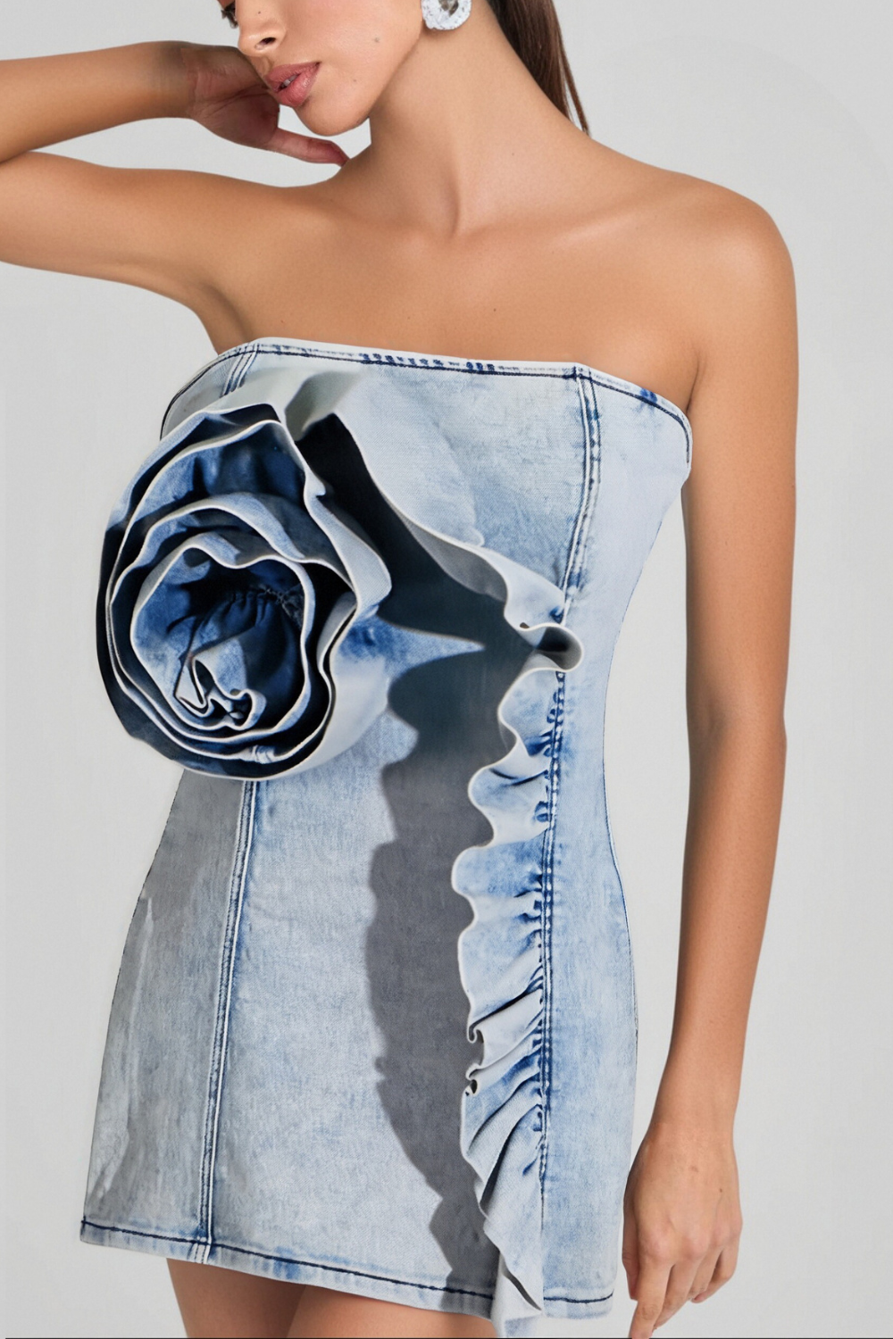 ALISON BLUE RUFFLED STRAPLESS DENIM MINI DRESS