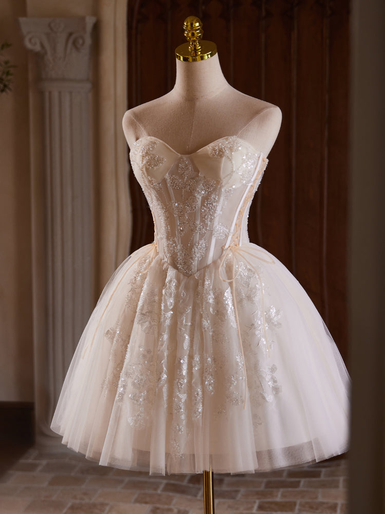 A-LINE TULLE LACE CHAMPAGNE MINI PROM DRESS
