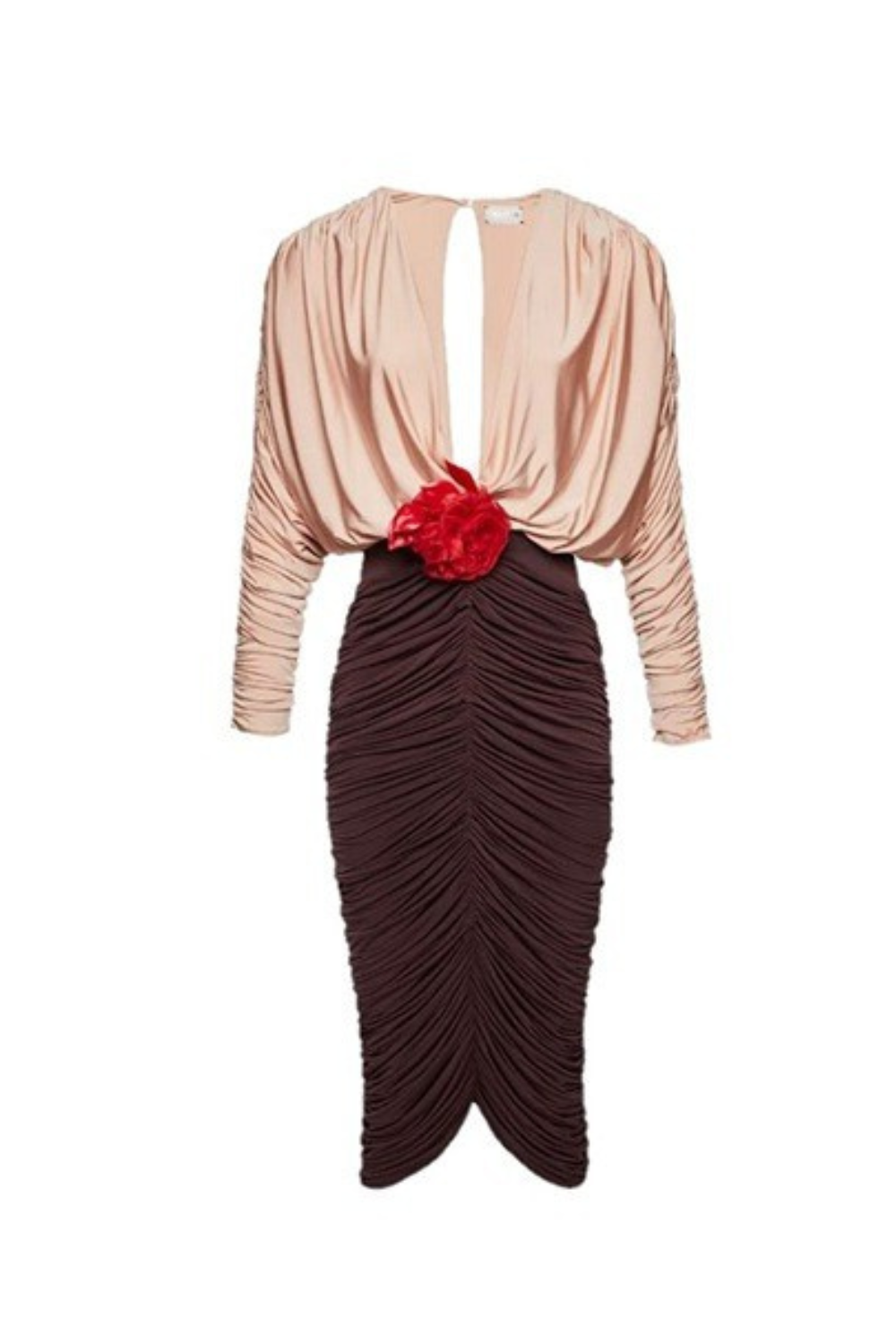 LONG SLEEVE TWO-TONE PLEATED MIDI DRESS BROWN